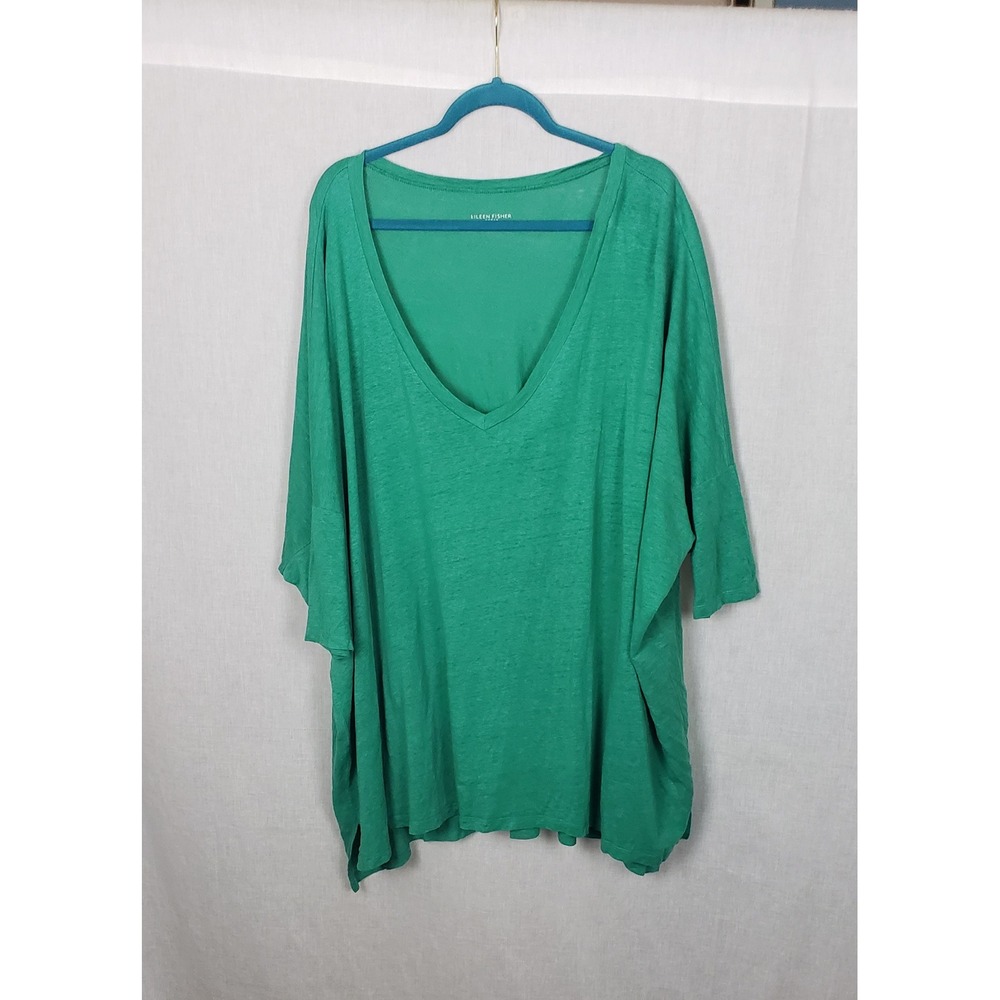 Eileen Fisher Green 100% Linen Oversized Tunic 2X Slub Tee Shirt Sustainable